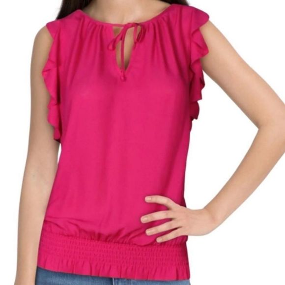 INC International Concepts Tops - INC Womens Pink Ruffled Tie Front; Short
Sleeve; V Neck Top ;Size: XL.